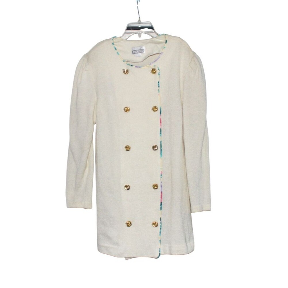 VTG Liz Roberts Cream Doube Breasted Knee Length Long Sleeve Cardigan sz 13-14